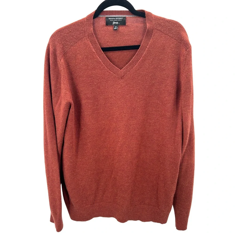Banana Republic Mens V Neck Merino Wool Sweater Rust Orange Italian Large‎ Tall